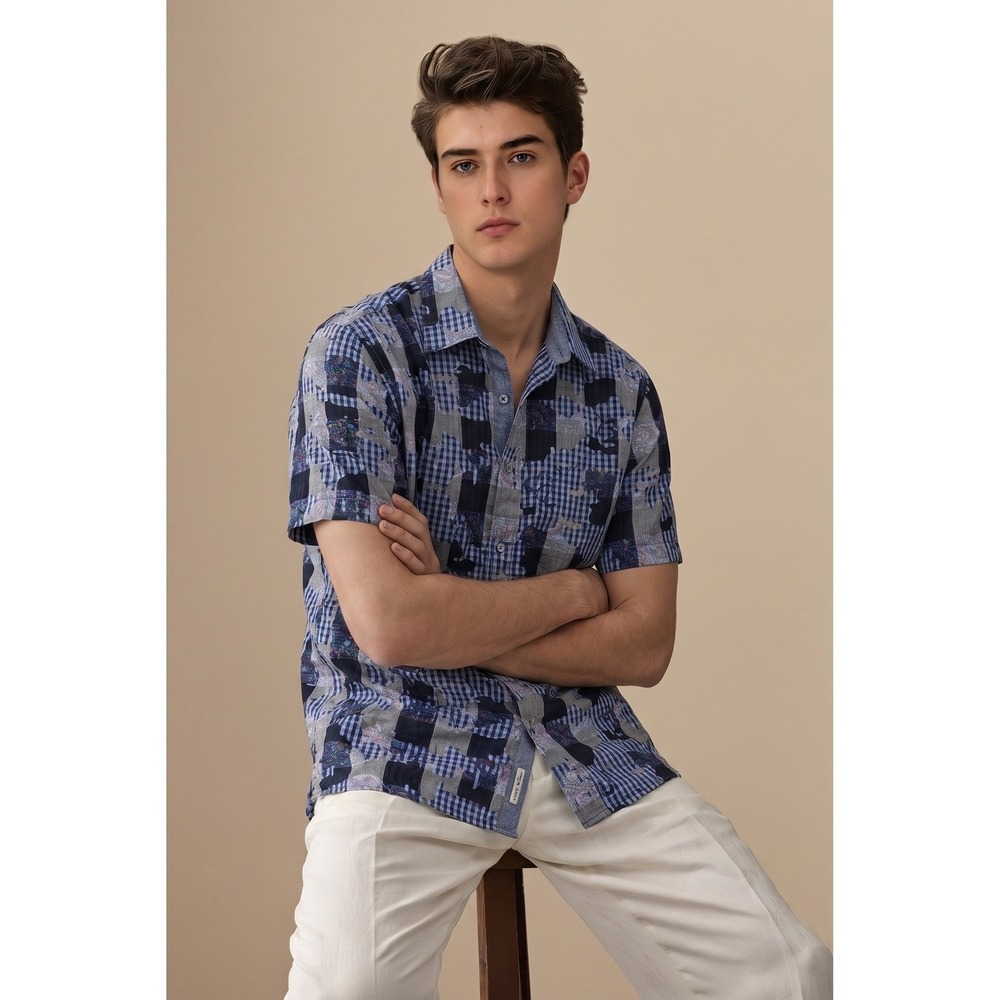 Robert Graham Tailored Fit Patchwork Gingham Paisley Shirt Small Blue Grey EXCL